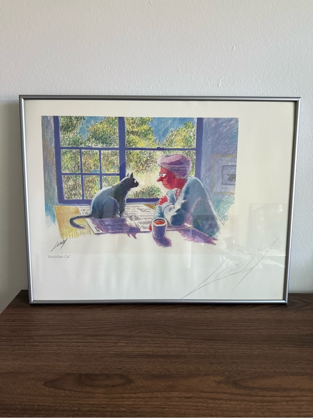Vintage Jeff Leedy “Breakfast Cat” Signed Framed Print 1989